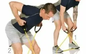 Stående rodd (gummiband)  Bra övning med gummiband som stärker upp axlarna och ger träning av rygg.